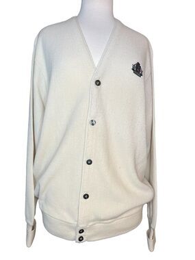 Vintage Izod Cardigan Sweater Mens Large Cream Knit V Neck Crest College  Preppy